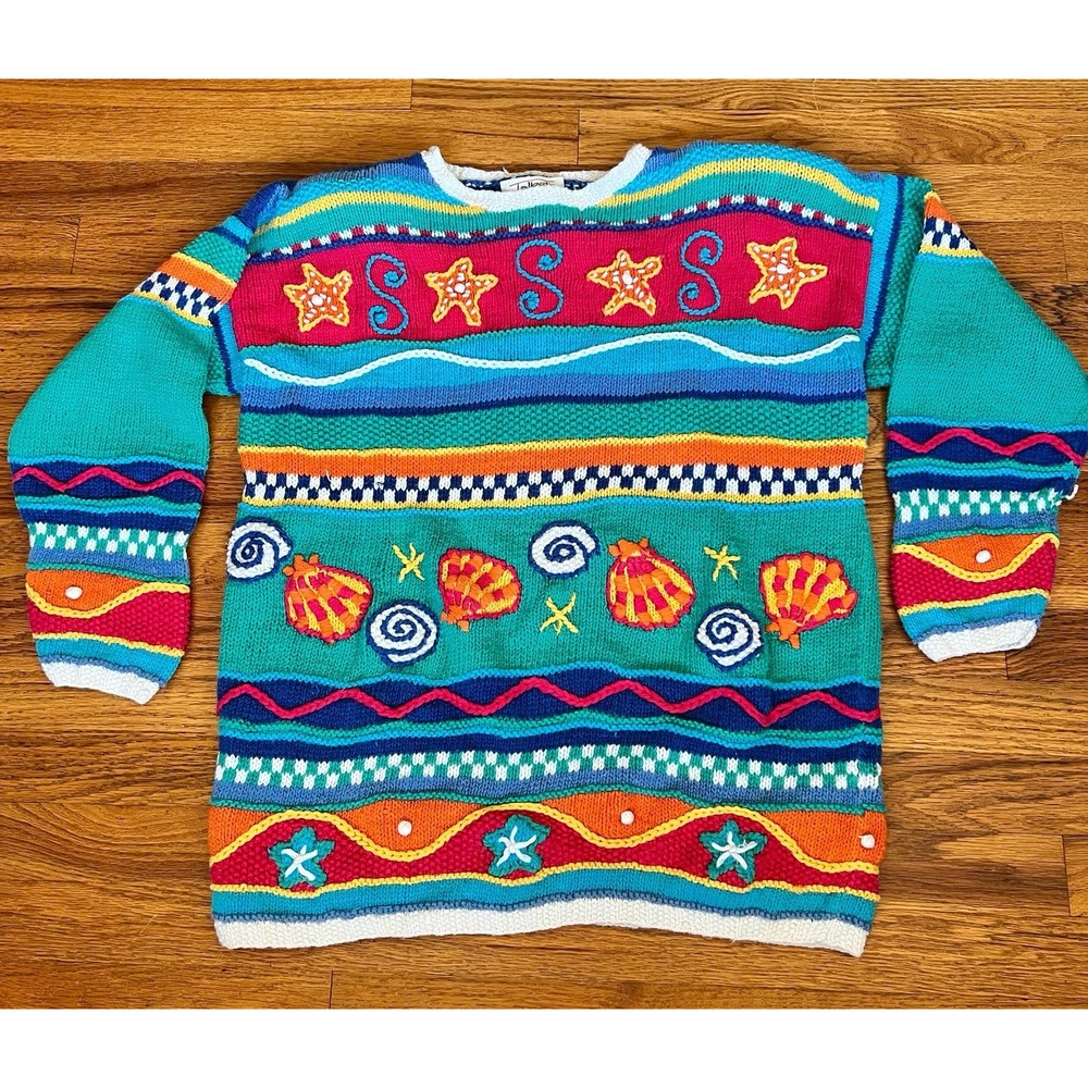 Vintage Talbots Sweater Women's Small Multicolor Hand Knit Seashell Starfish 90s